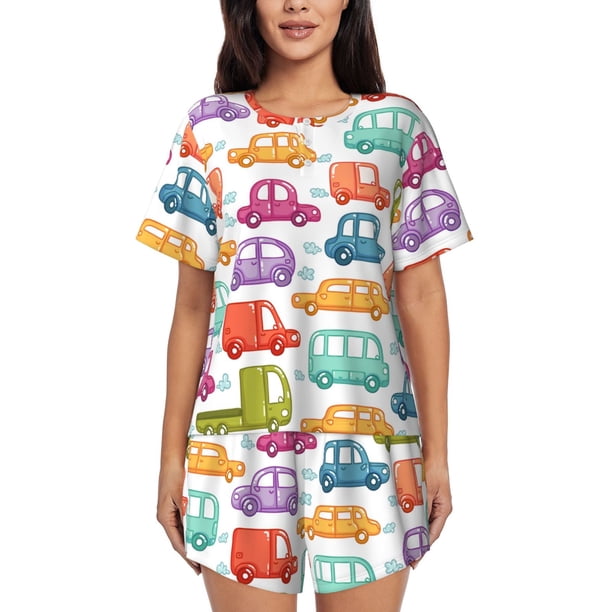 Fotbe Doodle Cars Conjunto de Pijama Estampado para Mujer, 2 Piezas, Ropa de Dormir con Camiseta de Manga Corta y Shorts Suaves-3X-Large