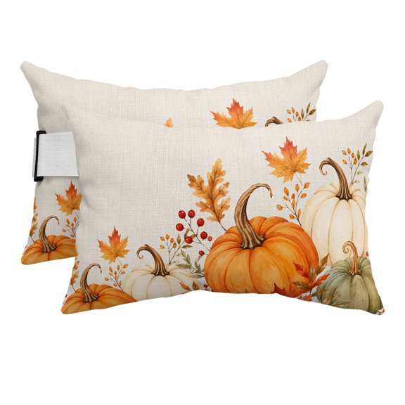Outdoor Pillow for Chaise Lounge Chair Thanksgiving Pumpkins Maple Leaves Headrest Pillow with Adjustable Elastic Strap Set of 2,11x16 inch, Retro Background Waterproof Head Lumbar Pillows for Patio