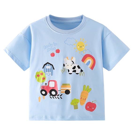 DAETIROS Kids Boys Short Sleeve Soft Farm T-Shirt Blue Playful Tractor Cow Print Crewneck Tee for Little Kids,Size 5 T