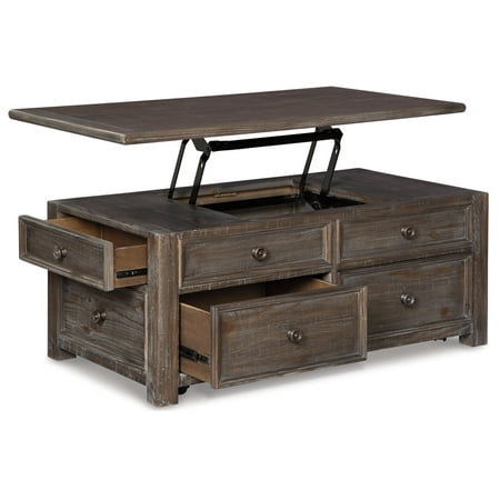 Signature Design by Ashley Wyndahl Rustic Rectangular Lift Top Coffee Table with 4 Storage Drawers  Dark Brown with Distressed Finish