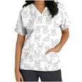 thumbnail image 3 of Hauts d'Été Grande Taille pour Femmes Manches Courtes Hauts à Manches Courtes Col en V Uniforme de Travail Imprimé de Pâques avec Poche Blouse Col en V T-Shirt Femmes en Solde, 3 of 4