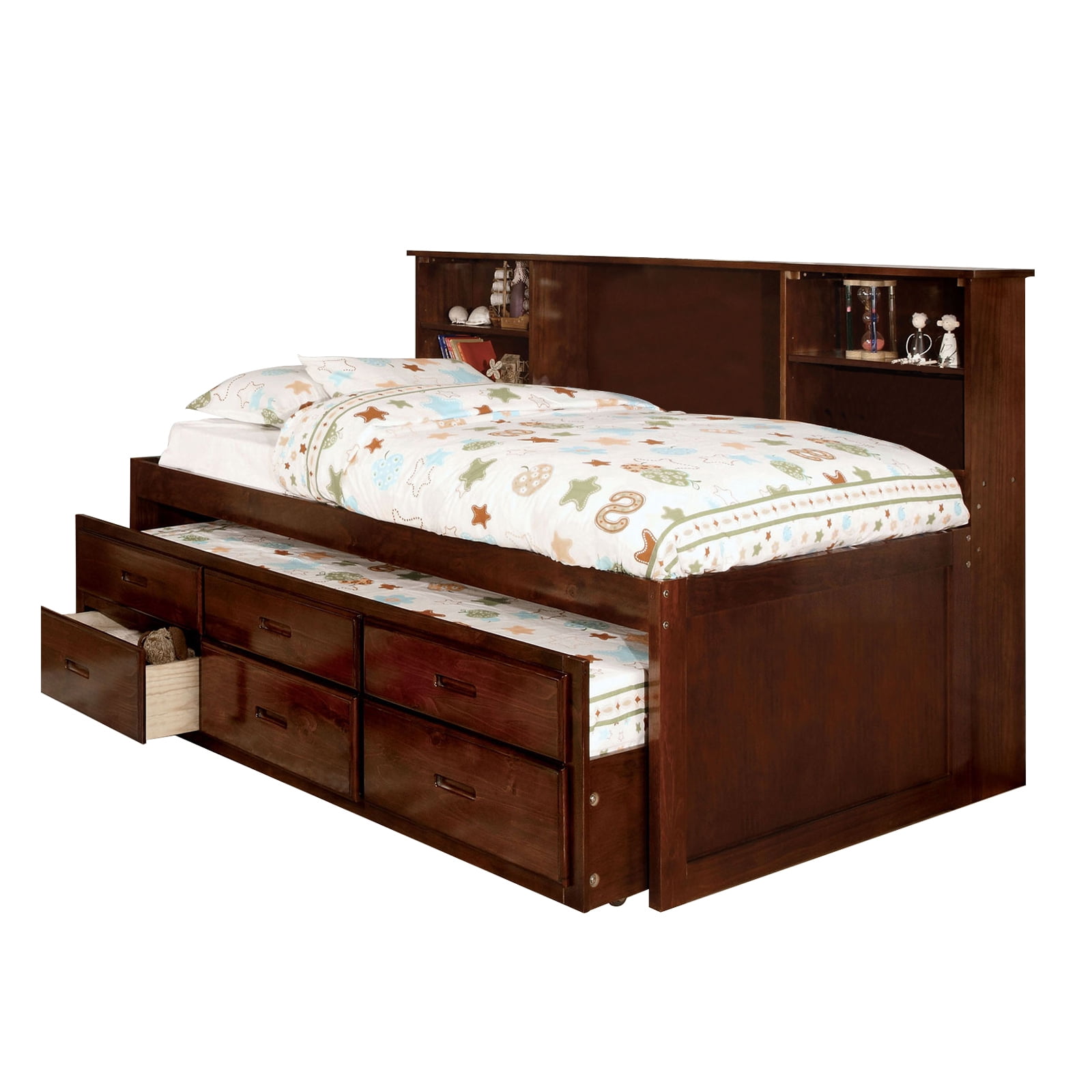 Wooden Full Size Bed with Trundle and 3 Storage Drawers, Brown