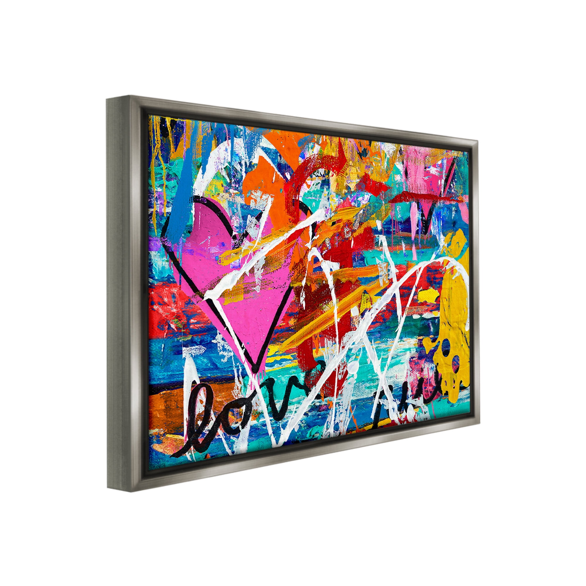 Stupell Industries Urban Heart Graffiti Collage Abstract Painting Gray Floater Framed Canvas Art Print Wall Art, 31 x 25