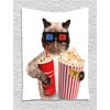 Movie Theater Decor Tapestry, Cat with Popcorn and Drink Watching Movie Glasses Entertainment Cinema, Wall Hanging for Bedroom Living Room Dorm Decor, 60W X 80L Inches, Multicolor, by Ambesonne