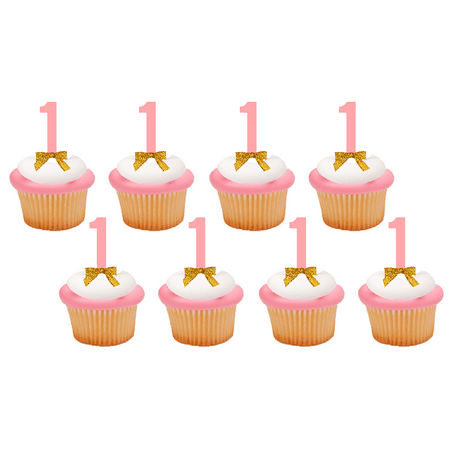1st Birthday / Anniversary Pink Number Cupcake Topper Picks with Bow