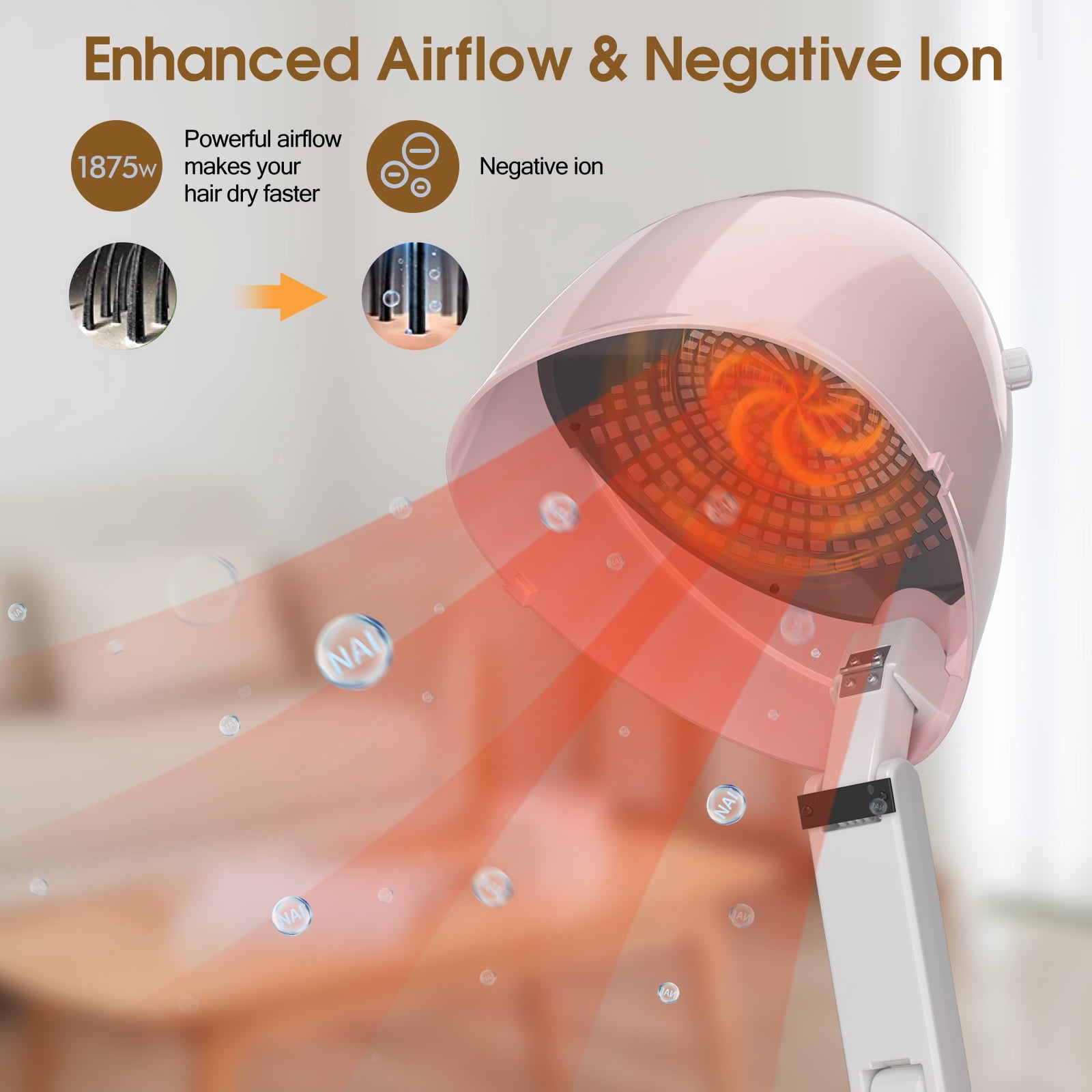 Deep Beauty Ionic Hooded Hair Dryer, 1875W Bonnet, 3 Heating Settings, Sit Under for Home and Salon, Portable & Collapsible, Height Adjustable (Pink)