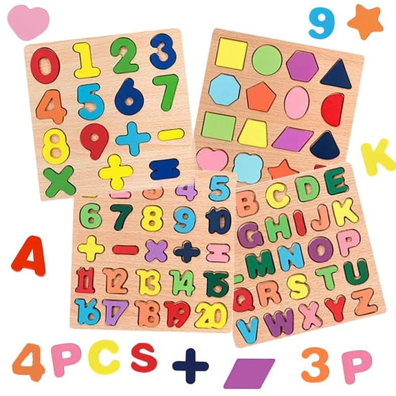 4-piece wooden puzzle set for kids, alphabet, number, shape, and ABC puzzles, preschool educational learning toys with puzzle board for boys and girls