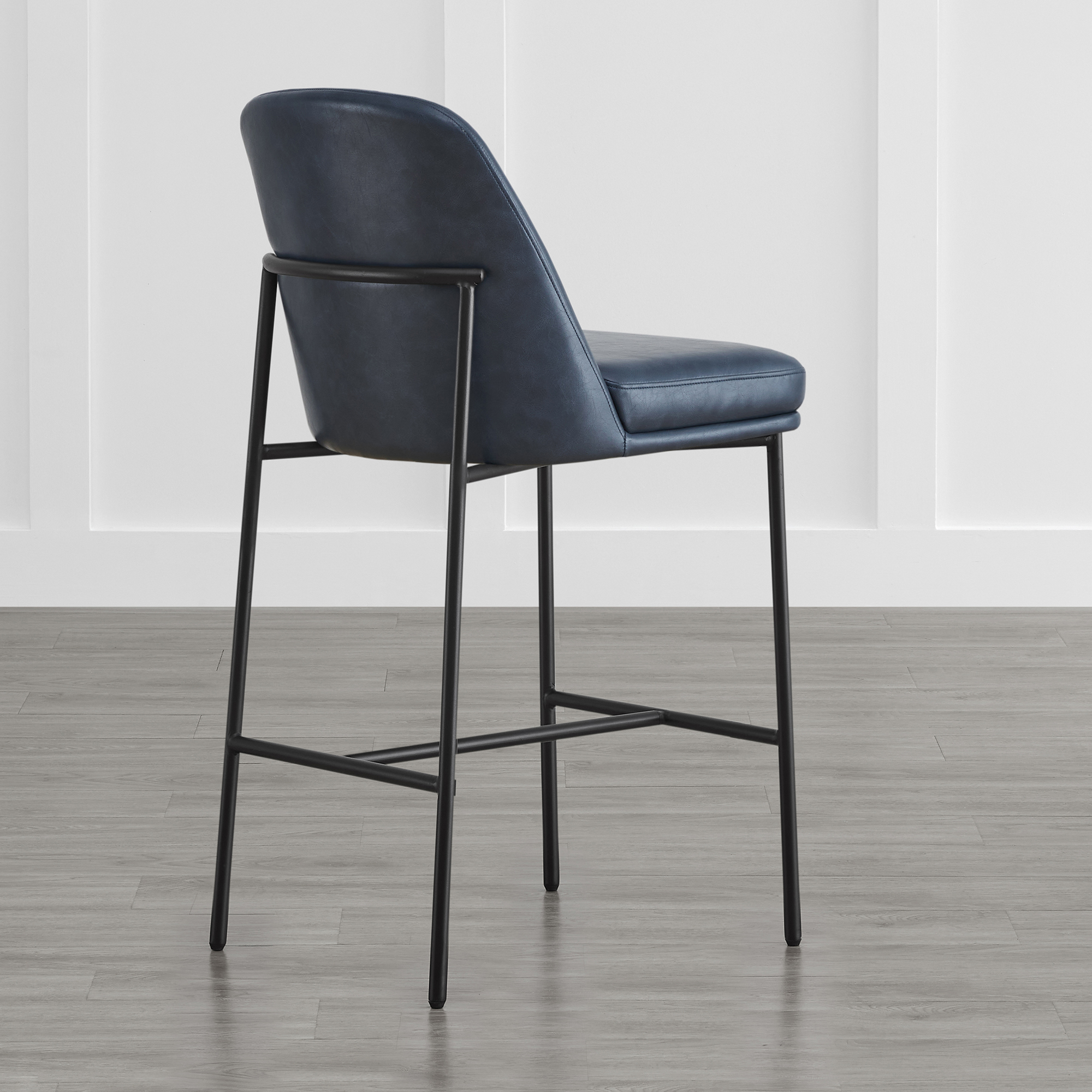 Spruce & Spring Modern 27-Inch Contemporary Counter Stool Set with Upholstered Seat and Metal Frame Set of 2, Navy Blue Faux Leather