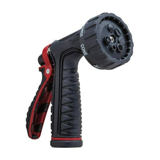 Orbit Irrigation 7 Pattern Metal Hose Nozzle with Rear Trigger Control, Black & Red