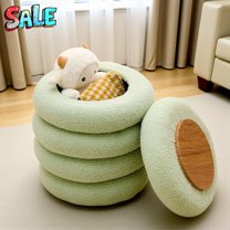 Tcbosik Round Teddy Fleece Storage Ottoman, 15"Dia x 17.7"H, Multi-Functional Upholstered Footrest Seat w/ Flip-Top Tray, for Living Room, Bedroom & Vanity (Light Green)