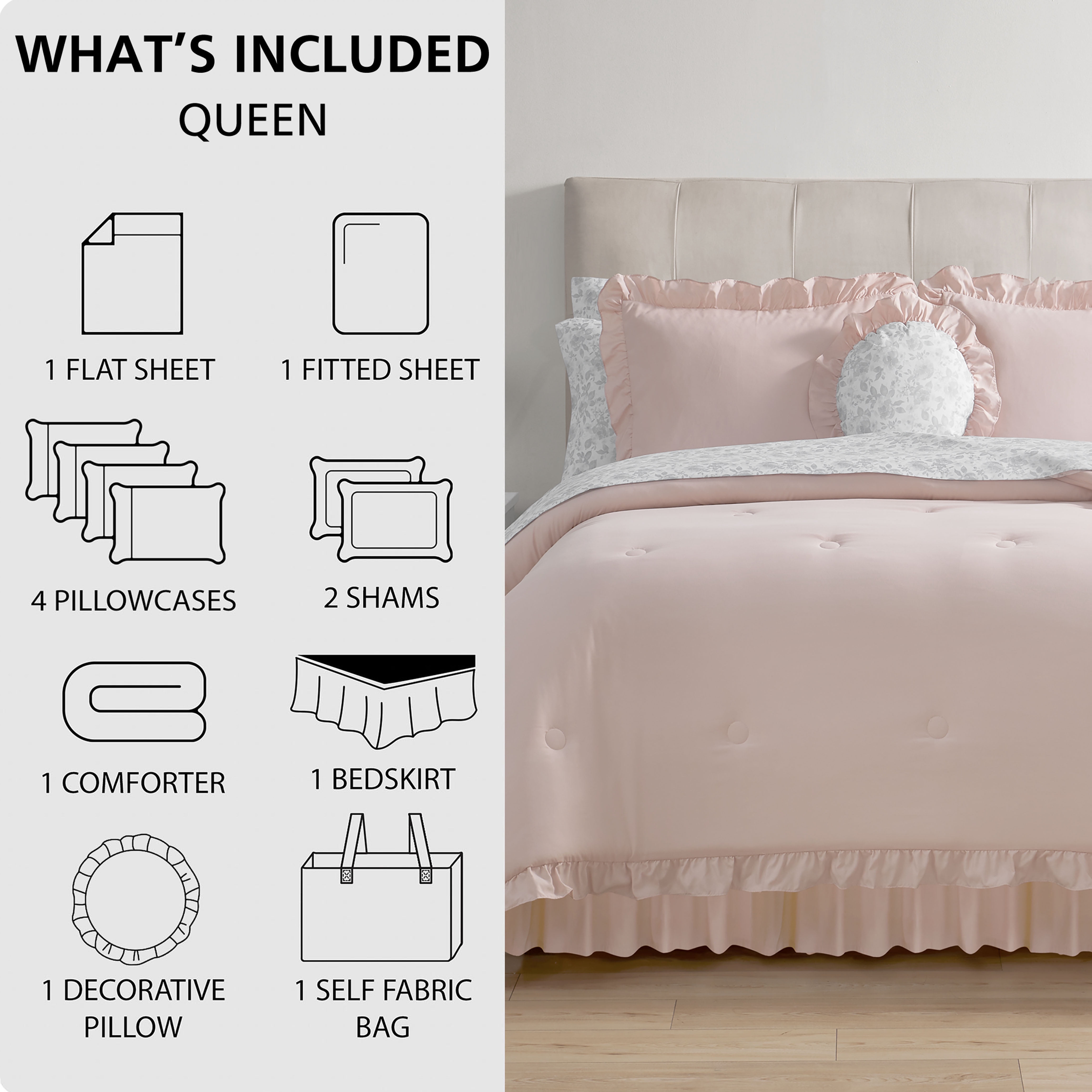 Mainstays Reversible 11-Piece Bed-in-a-Bag Comforter Set with Sheets, Pink Floral Ruffle, Queen