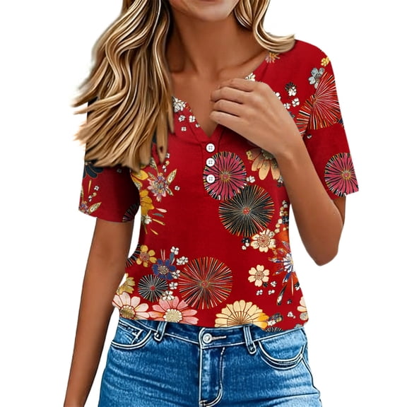 SwiftWear Women American Flag Graphic V Neck T shirts 4th of July Short Sleeve Button-Down Patriotic Tee Casual Tops Summer Outfits