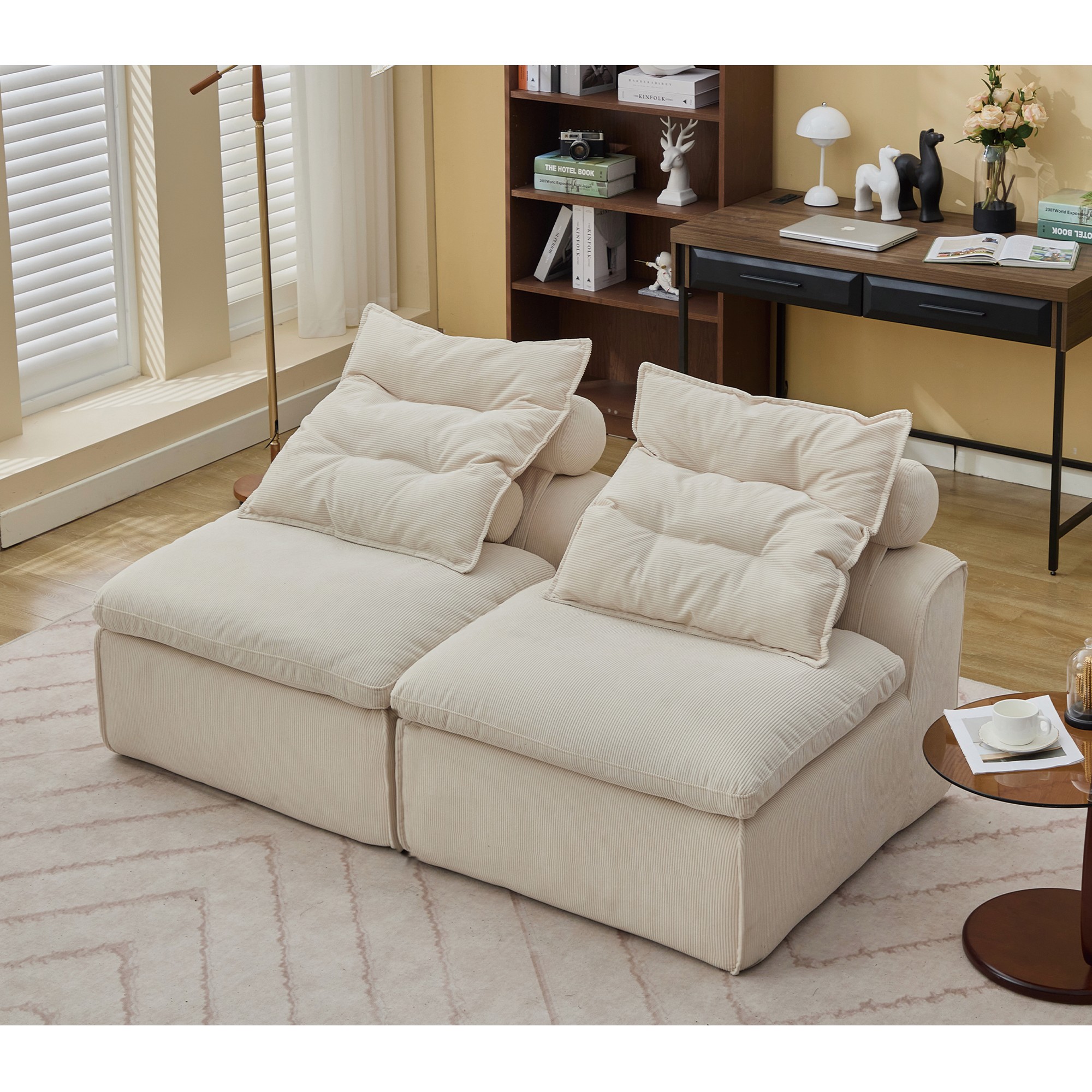 Modern Loveseat Sofa,Modular Sofa Couch,Corduroy 2-Seater Cloud Couch,Reading Lounge Sofa Chair for Small Spaces,Living Room,No Armrests,At will DIY,Beige