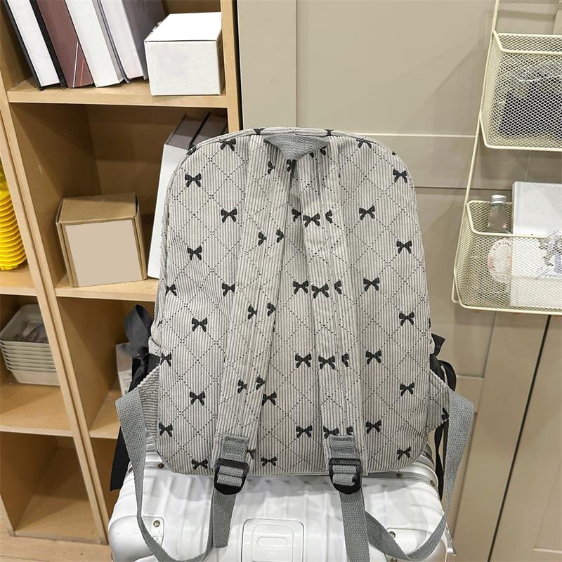 Yucurem Large Capacity Corduroy Backpack with Bow, Lightweight 15.75 inch Laptop Bag for Women, Aesthetic Daypack for College Travel (Gray)