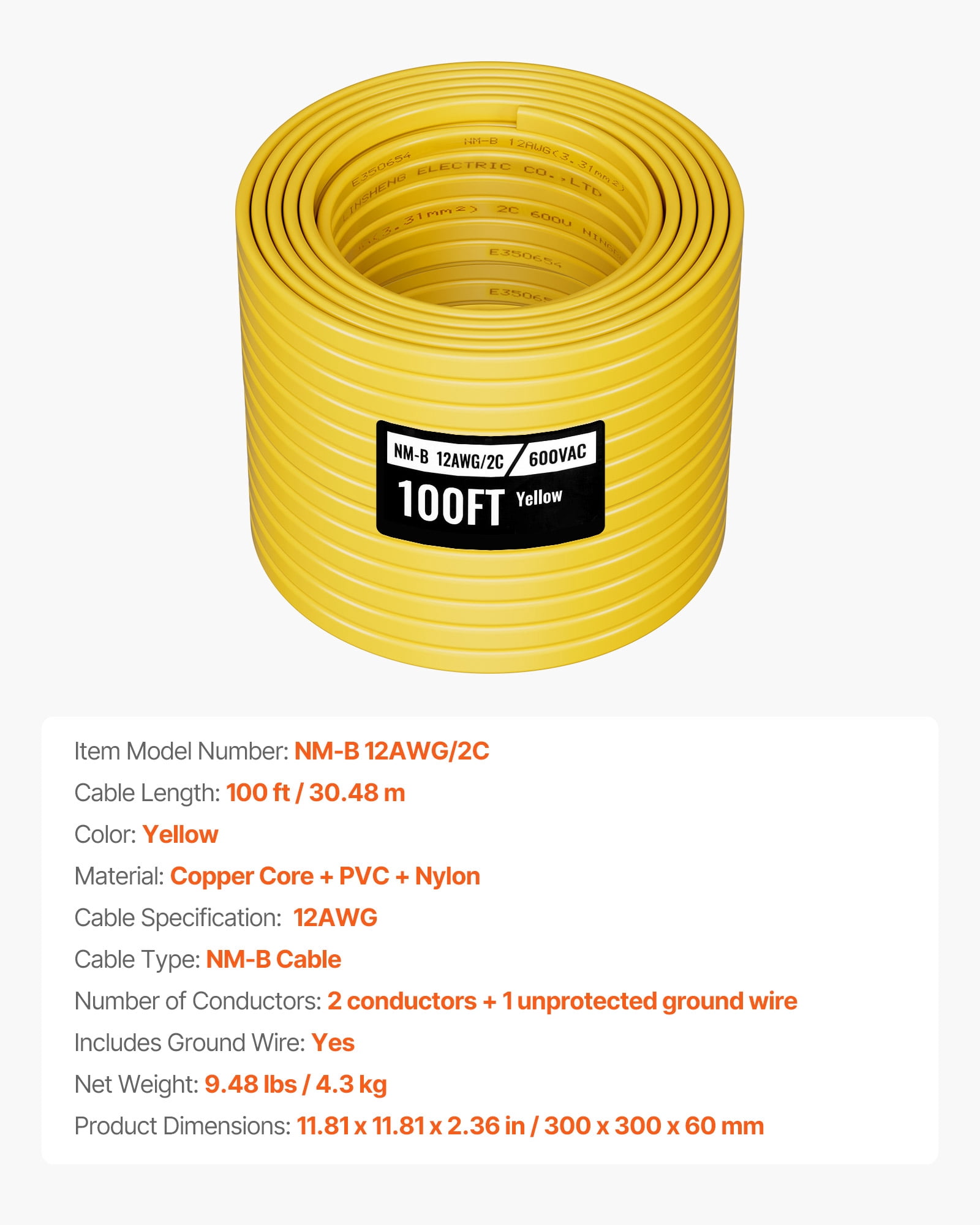 VEVOR NM-B Wire, 12AWG/2C Non-Mettalic Residential Indoor Electrical Wire with Ground, PVC Sheathed High-Purity Copper Core Cable, for Outlets, Switches, Other Loads & Lighting Wiring Project