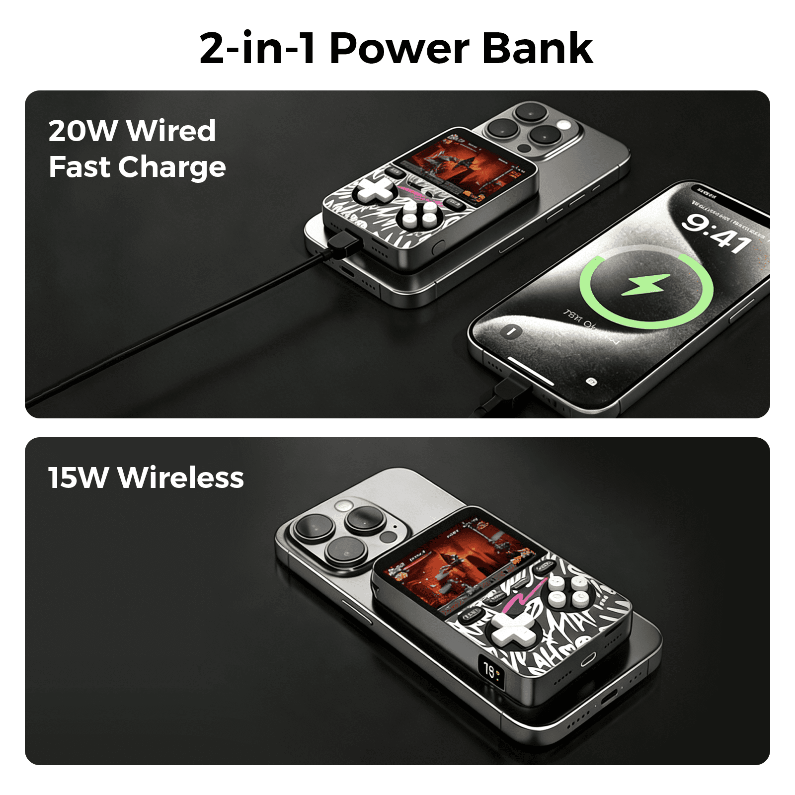 MIRO V99 3-in-1 Magnetic Wireless Charger 5000mAh Multifunctional Power Bank Gaming Console 15W MegSafe 20W PD Fast Charge