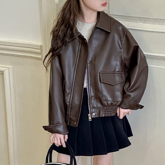 Stylish Girls Leather Jacket Windbreaker Zip Up Outerwear for Kids Fashionable Coat