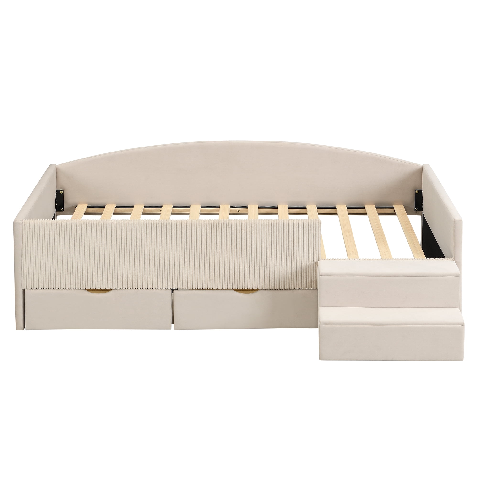 Mintazer Twin Size Upholstered Floor Daybed Frame with Safety Guardrail & 2 Storage Drawers & Stairs for Todder Kids, Beige