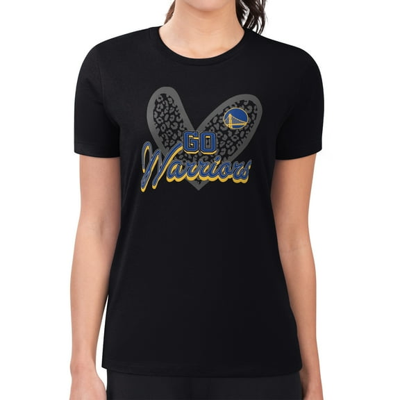 Women's G-III 4Her by Carl Banks Black Golden State Warriors Super-Slim Fit Lightweight Leopard Heart T-Shirt
