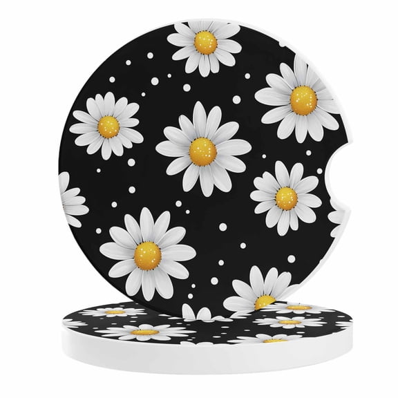 2 Pack Car Coasters White Daisy Ceramic Car Cup Holder Coaster Black Background Absorbent Drink Coasters Protects Interior from Spills, Car Interior Accessories