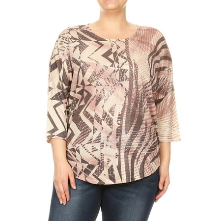 Abstract Blouse - Women Plus Size Abstract Design Quarter Sleeve Blouse Tunic Top Pink 1XL (SE16035)