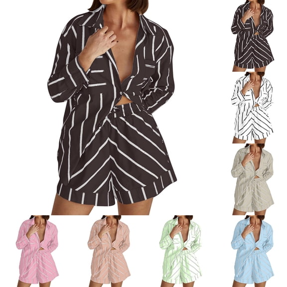 Wlynlyn Plus Size 2 Piece Outfits for Women Oversized Long Sleeve Shirts High Waist Drawstring Shorts Striped Tracksuits Set