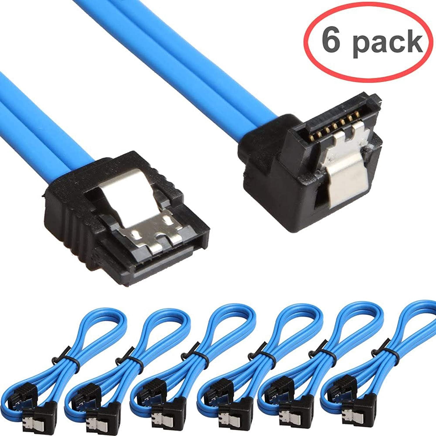 HRTGFD-6 Pack 90 Degree Right-Angle SATA III Cable 6.0 Gbps with Locking Latch 18Inch (6X Sata Cable Blue)