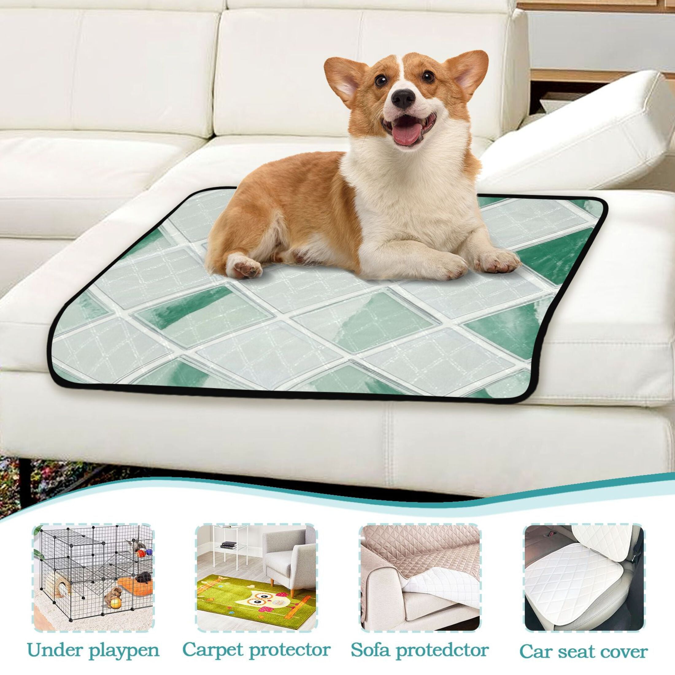 Washable Pet Pee Pads with Super Absorbent Reusable Training Pads for Dogs & Cats White and Green Pattern