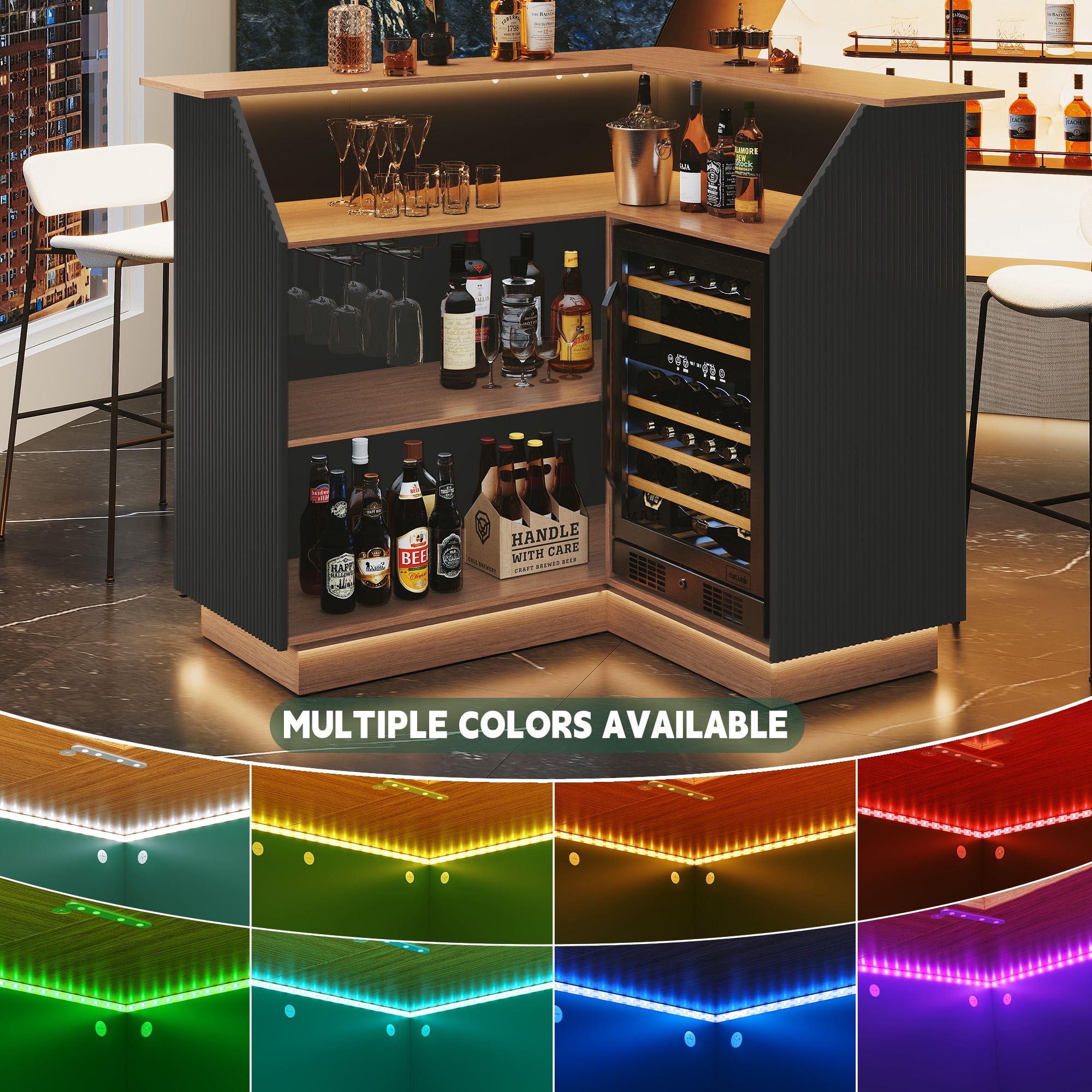 HLR L-Shaped Home Bar Cabinet with Fridge Space, 4-Tier Corner Bar Unit Wine Cabinet with Storage, Black