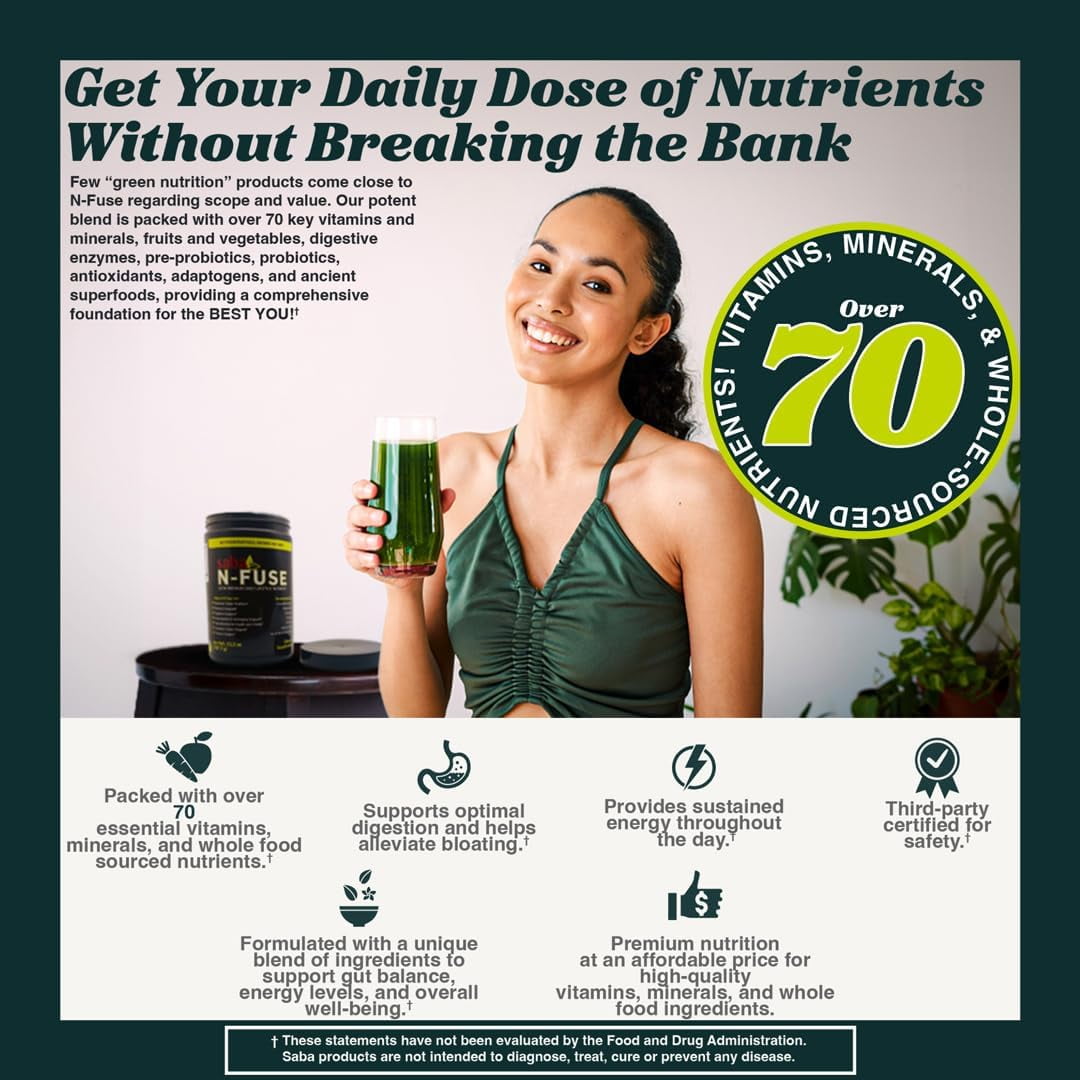Saba N-Fuse-Supper Foods-Phytonutrients, Super Fruits, Pre & Probiotics, Enzymes, Adaptogens, Antioxidants-Eliminate Toxins, Gas. Provides Digestive Support, Boost, Immune System & Energy-30 Servings