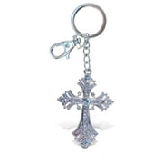 Aqua79 Fleur De Lis Cross Keychain - Silver 3D Sparkling Charm Rhinestones Fashionable Stylish Metal Alloy Durable Key Ring Bling Crystal Jewelry Accessory Clasp Keychain Bag, Purse, Backpack, Handbag