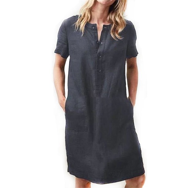 Raruxxin Women Summer Cotton Linen Dress Plus Size Short Sleeve Henley