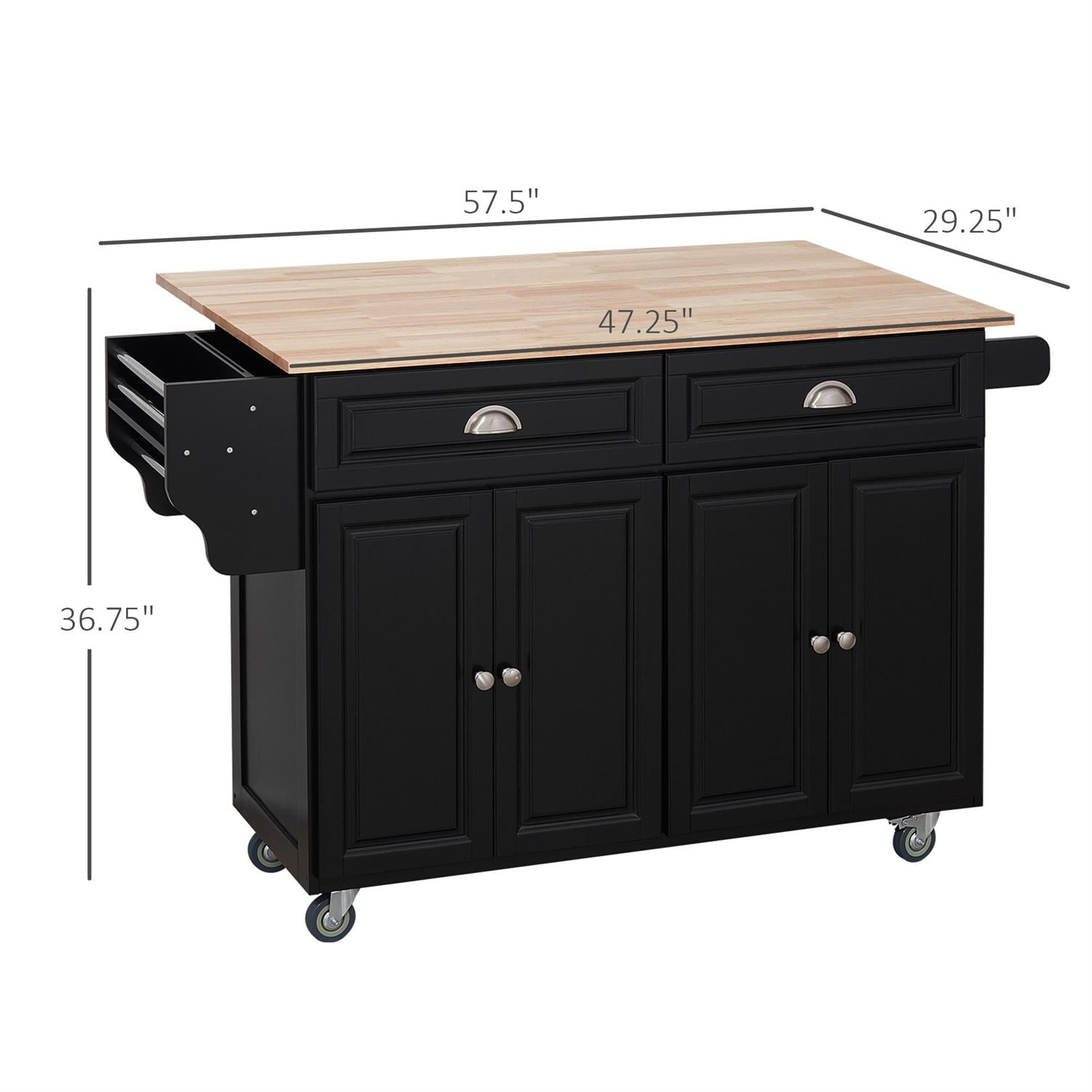 Demi Bonn 57" Mobile Kitchen Island Workstation with Drop Leaf & Wood Top, 2 Drawers & 2 Cabinets, Multi-Functional Table for Kitchen & Dining, Black