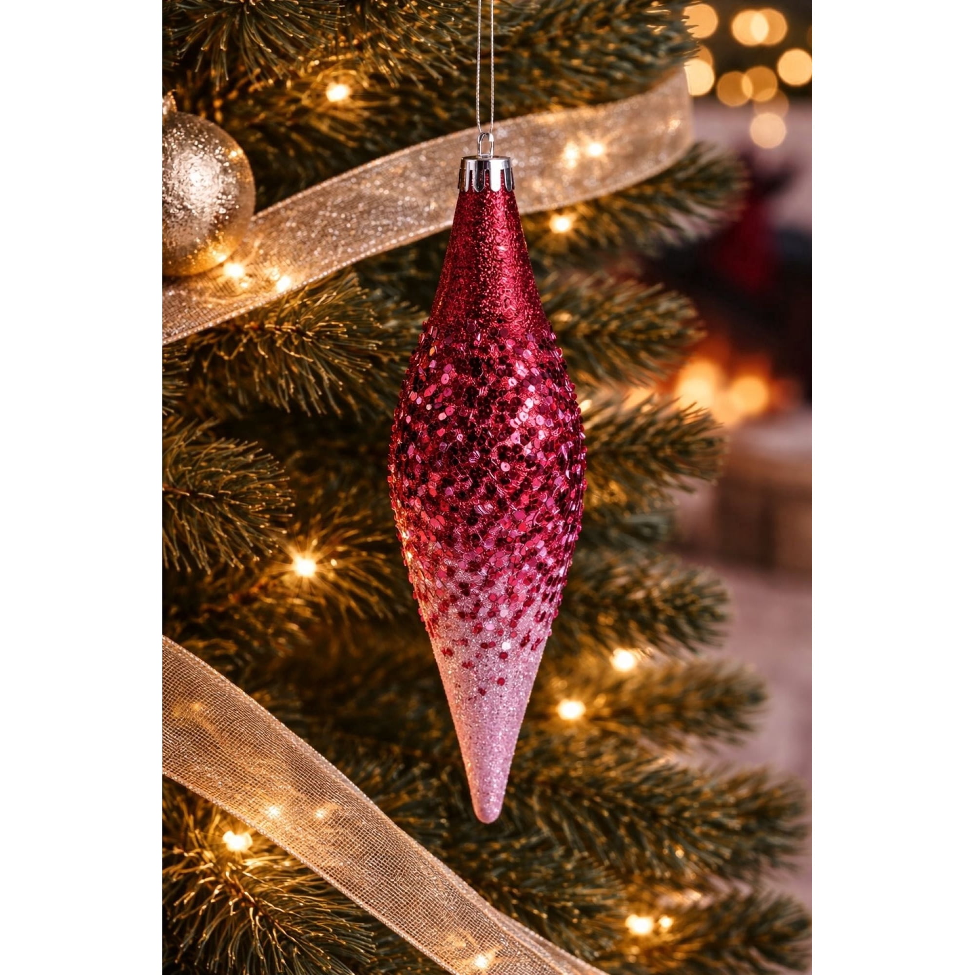 4-Count Red and Pink Glitter Ombre Finial Shatterproof Christmas Ornaments, 8.3", by Holiday Time