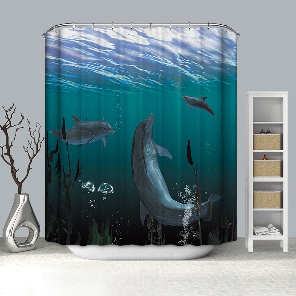 Dolphin Shower Curtain Set Ocean Convivial Dolphin Group Seaweed