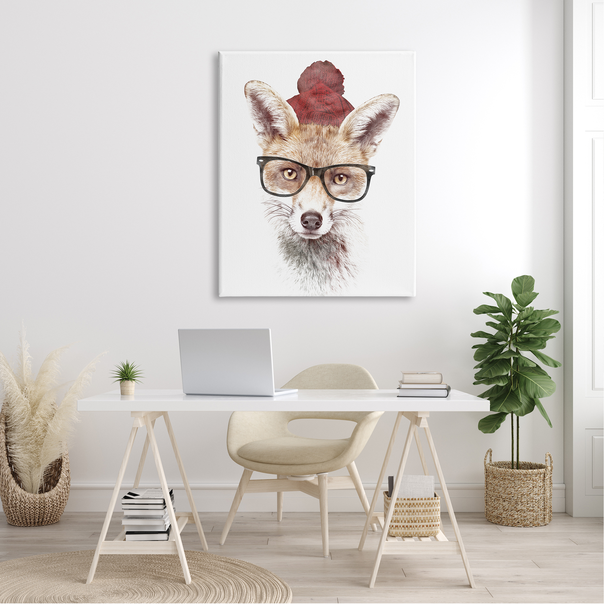 Red Fox Winter Beanie Hat Glasses Spectacles Animals & Insects Painting Gallery-Wrapped Canvas Print Wall Art