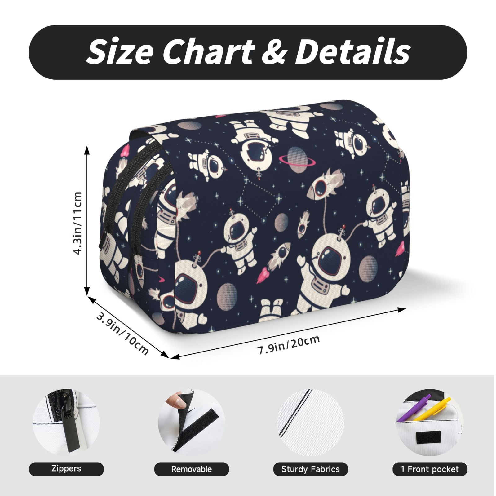 Rateoe Cartoon Spaceship Pattern Double Clamshell Pen Case, Storage Organizer with Two Zipper Compartments– Holds Up to 50 Pencils & Pens