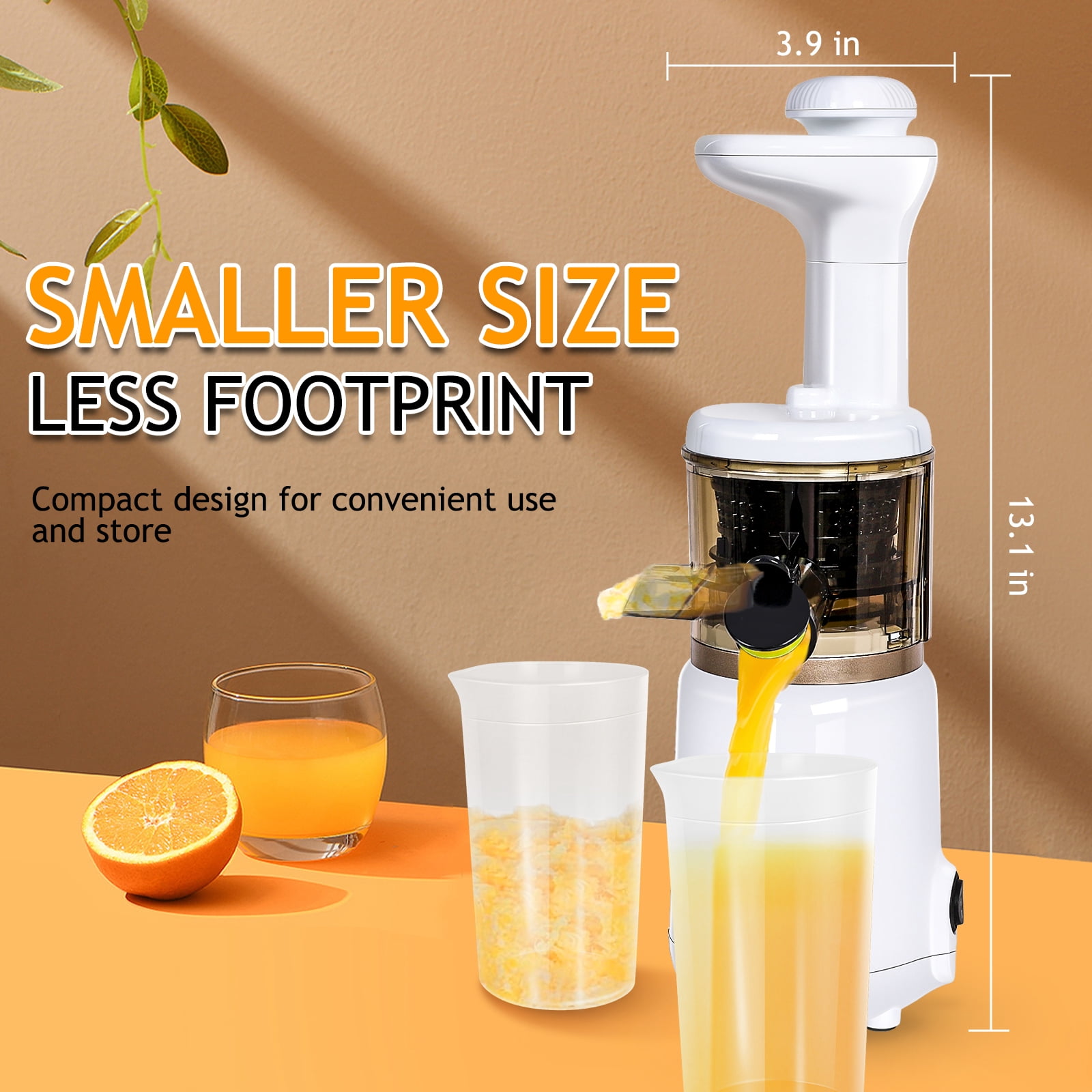 CAYNEL Compact and Portable Cold Press Juice, Masticating Slow Juicer with 1.77” Extra Wide Inlet Funnel,White