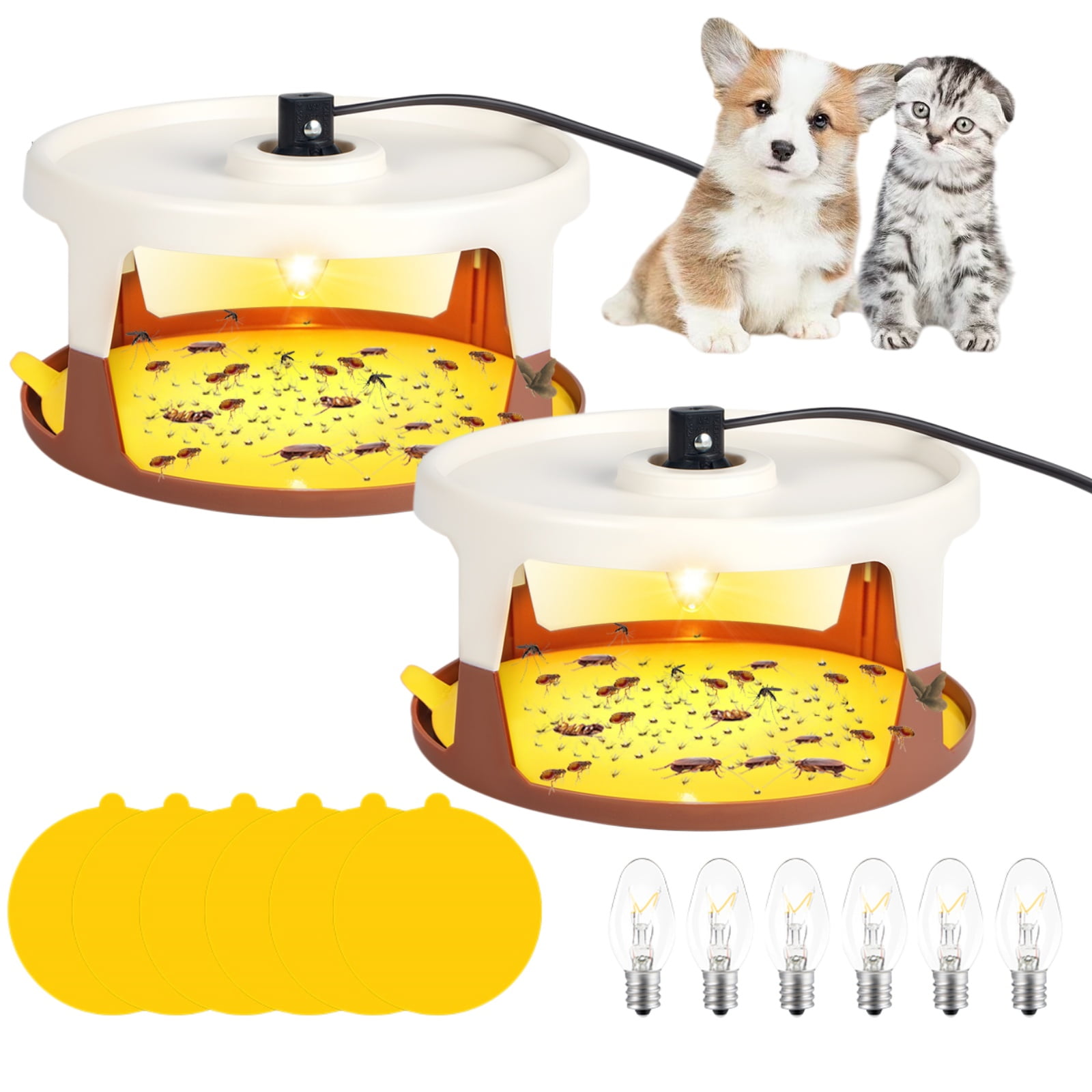 KingFurt 2 Pack Flea Trap Indoor Flea Light for Inside Your Home with 6 Sticky Disc & 6 Bulbs & 2 Electric Wires Pet and Kid ,Sticky Dome Bed Trap Non-