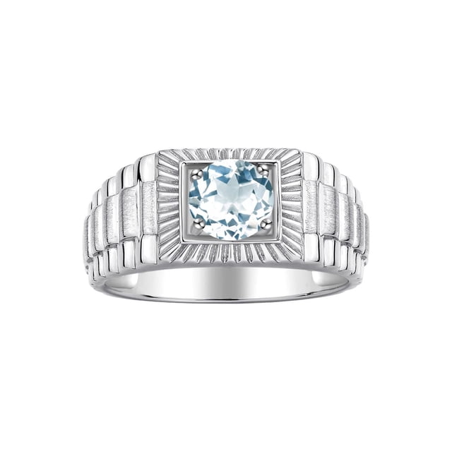 RYLOS Men's Ring Sterling Silver Ring, 7MM Round Shape Gemstone Designer Style Rings Aquamarine March Birthstone Rings Silver Size 12