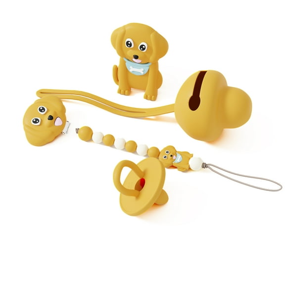 Muqee Peeko Teether and Pacifier Set with Pacifier Clip and Teething Toy - 4 Pc Set in Yellow Color