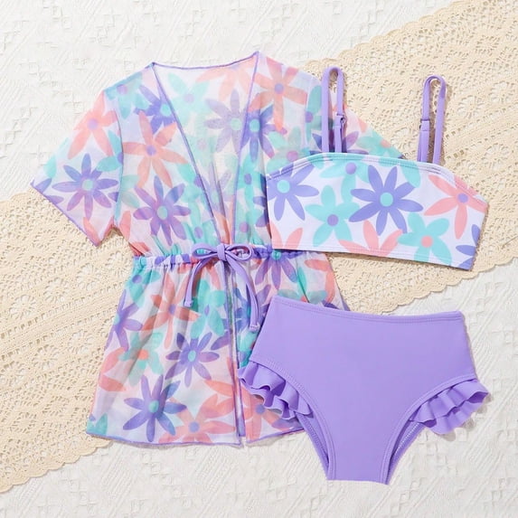 SHenli Girls Swimsuits Size 10-12 Cut Out Bikini Sets for Girls 12-14 Adjustable Straps Girls Tankini Swimsuit 3-Piece Girls Dress Up Clothes Tropical Floral Swimwear Set Teens Girl