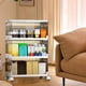 thumbnail image 4 of Estante de almacenamiento – Carrito de cocina, organizador de snacks multicapa plegable con ruedas, estanterías de plástico transparente, blanco y beige, 3 niveles, 24,61 x 13,78 x 9,45 in, 4 of 6