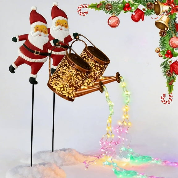 2 Pack Christmas Claus Solar Kettle Lights, Santa Pouring Fairy Garden Lawn Decorative Outdoor Watering Can with LED String, Waterproof Decoration for Patio, Pathway, Yard, Holiday Gifts