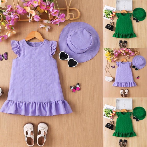 Girls Sundress Crew Neck Sleeveless Ruffled Hem Dresses Spring Summer Trendy Comfy Casual Outfits With Hat (2 Years, Purple)