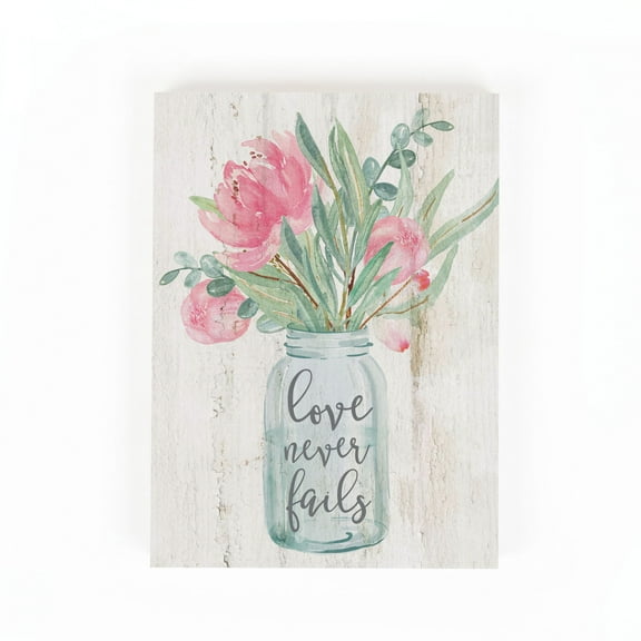 Love Never Fails Floral Pink 7.3 x 5.5 Pine Wood Valentine's Word Block Sign
