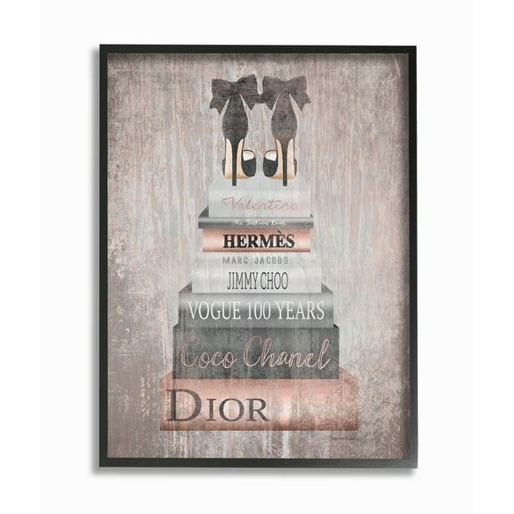 Stupell Industries Book Stack Heels Metallic Pink Graphic Art Black Framed Art Print Wall Art, 24x30, by Amanda Greenwood