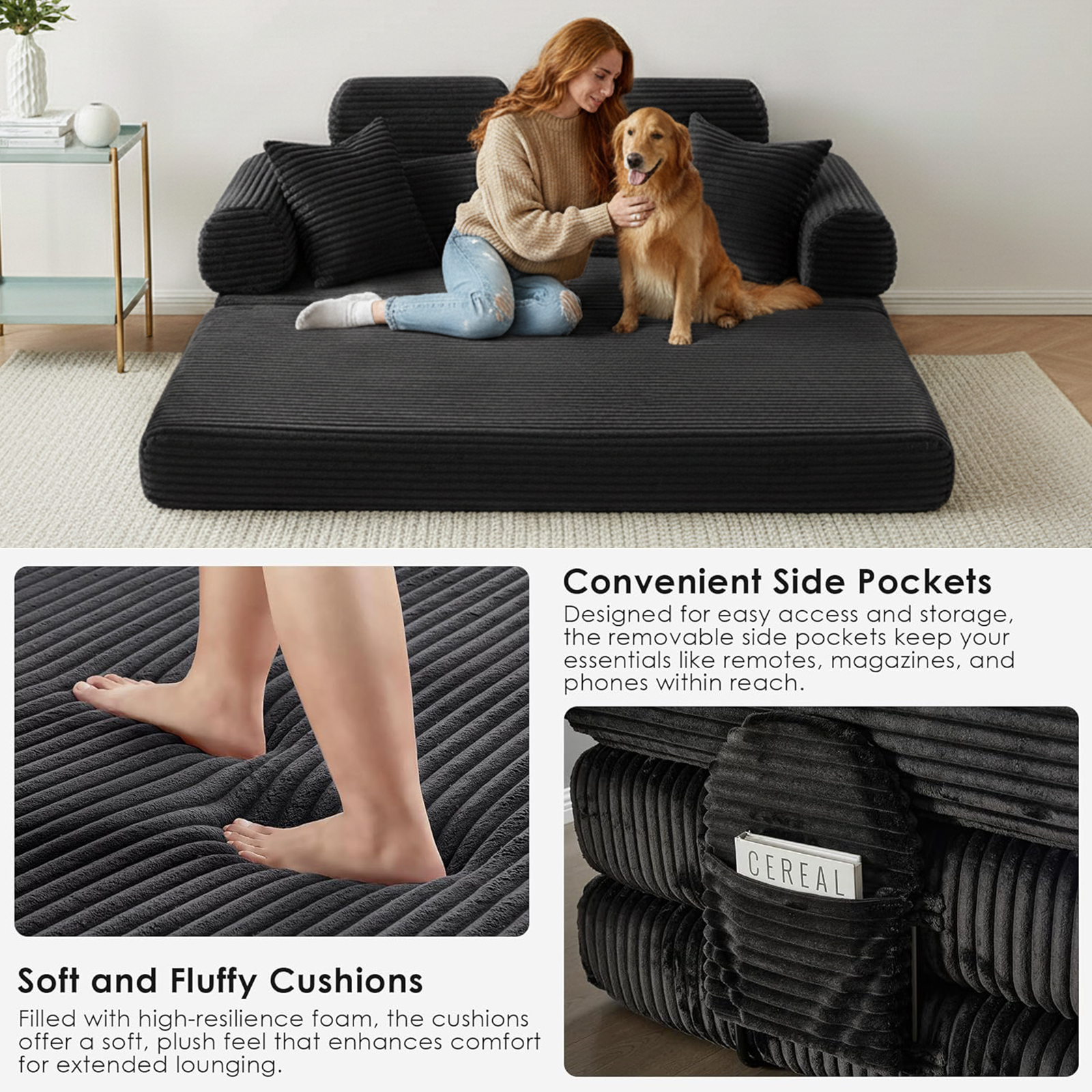 Xiweot Cloud Sectional Couch for Living Room, Memory Foam Sectional Sofa with Deep Seat, Corduroy Floor Mattress Couch, No Assembly Required (Black)