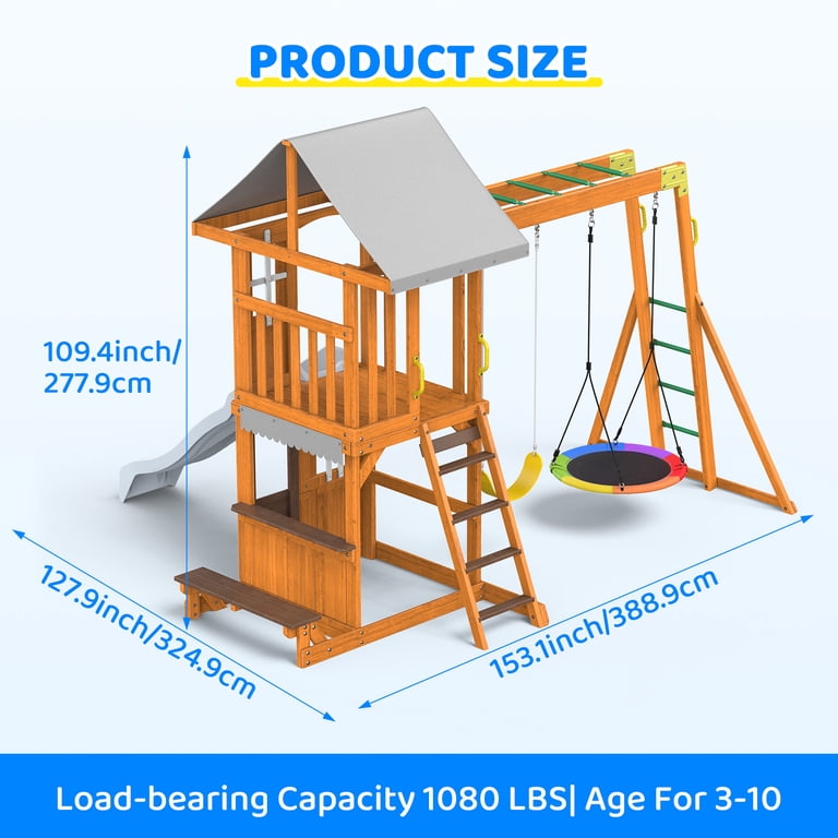 KloKick Cedar Wooden Swing Set with 8' Wave Slide, Metal Monkey