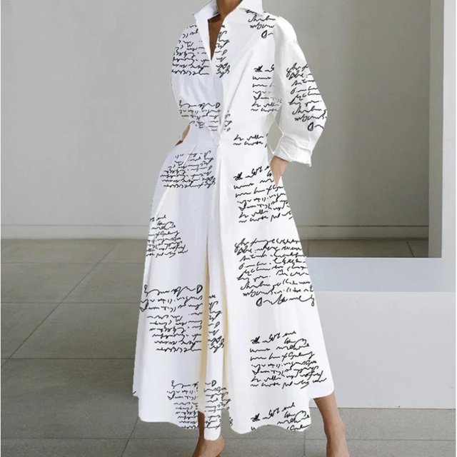 Women's Polo Collar Long Sleeve Maxi Dress - Ankle-Length, Elastic, Button Detail, Polyester